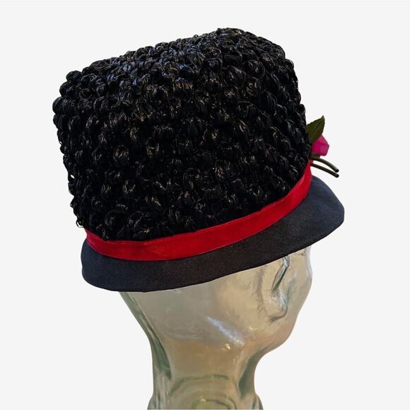Floral Hat Cloche Black Red Band Woven Raffia Vintage 60s MidMod MCM - Picture 3 of 8